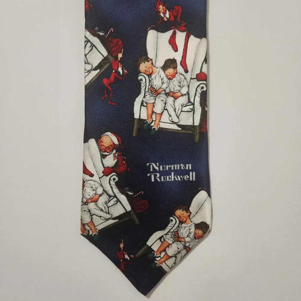 Norman Rockwell Christmas Silk Tie Hallmark Holiday‎ Traditions Navy Blue Mens